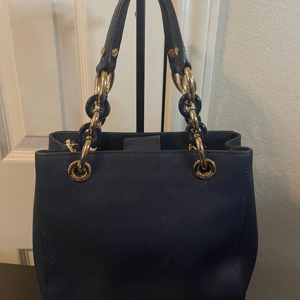 Michael Kors Navy Saffiano Tote with Gold Chain Handles